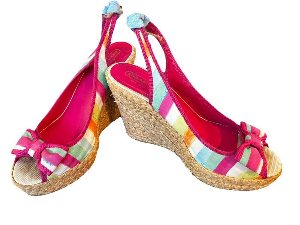 Coach Striped Espadrille Wedges Size 8.5 Slingback Bow Beach Sandals
