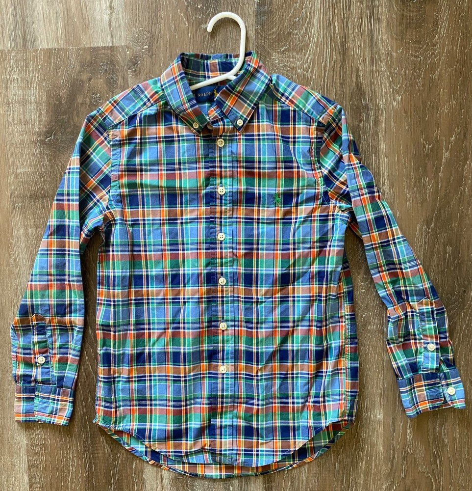 RALPH LAUREN blue plaid polo shirt~boy's size 8~button down collar~l/s