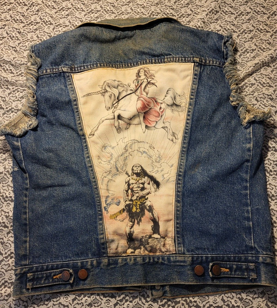 VTG 1980's-RUSTLER JEAN JACKET VEST-SIZE M MENS-WARRIOR-UNICORN BACK PATCH