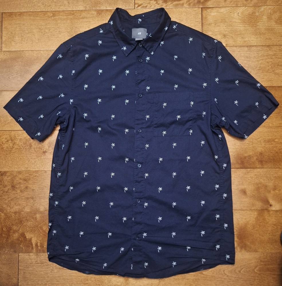 H&M Men's Medium Short Sleeve Button-Up Tropical Print Blue Cotton Easy Care EUC