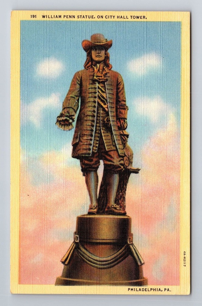 Philadelphia PA-Pennsylvania, William Penn Statue, Antique Vintage Postcard