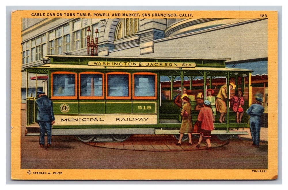 San Francisco CA California Cable Car on Turn Table Linen Postcard Posted 1958