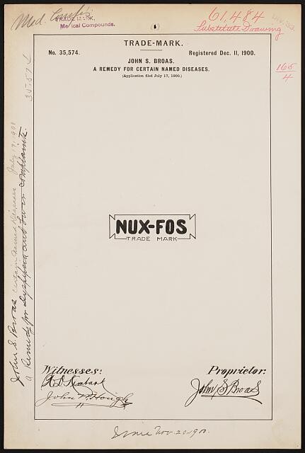 [ John S. Broas for Nux-Fos brand A Remedy for Certain Named Diseases]