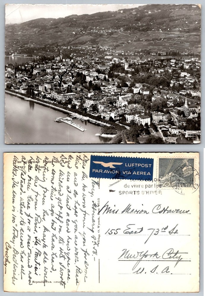 1949 Vevey Switzerland Aerial RPPC Lake Geneva La Tour-de-Peilz Postcard