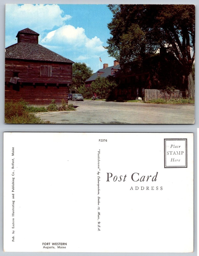 Fort Western Augusta Maine Blockhouse Vintage Plasticchrome Postcard Eastern
