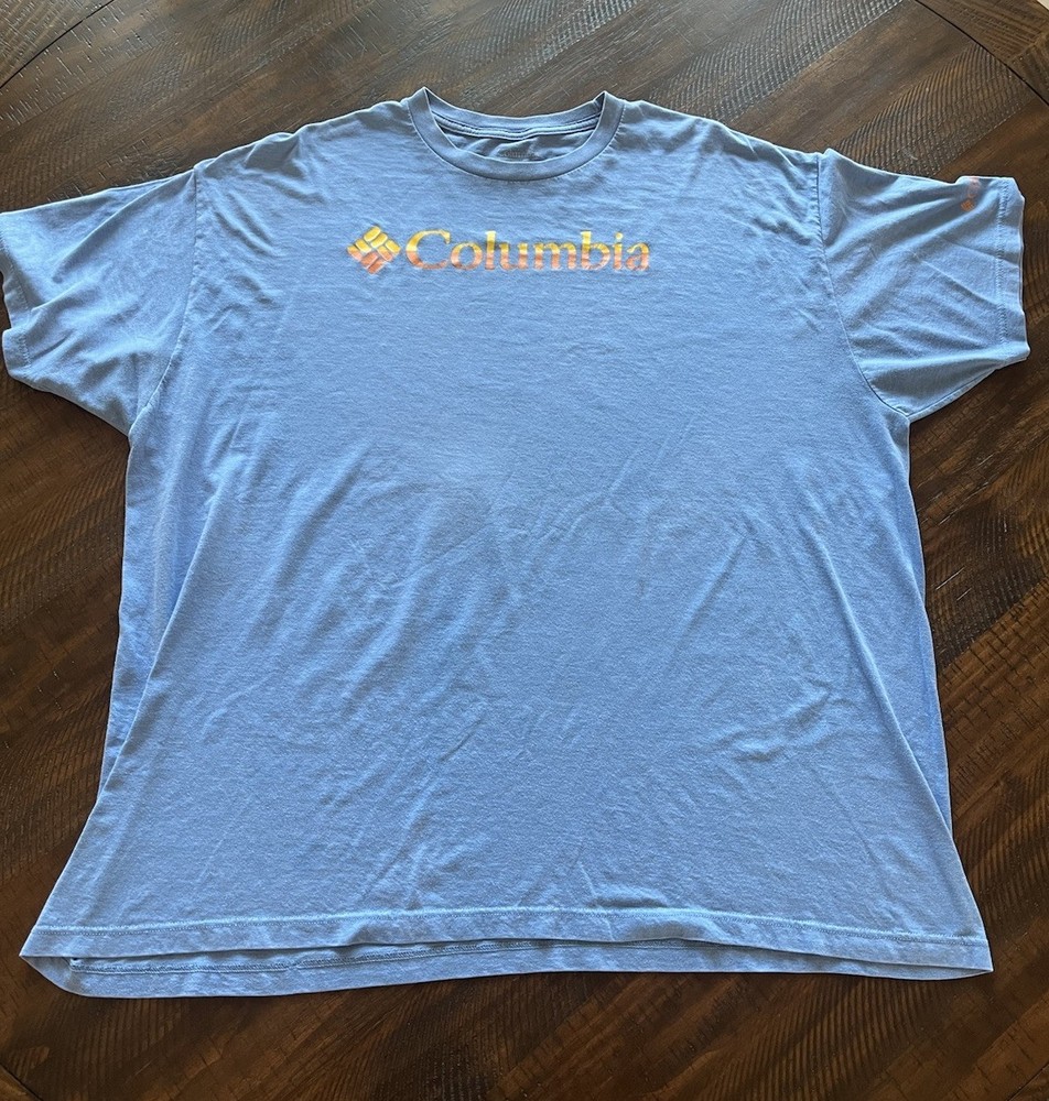 Columbia Men’s Light Blue Short Sleeve Orange Logo T-Shirt, Size XXL