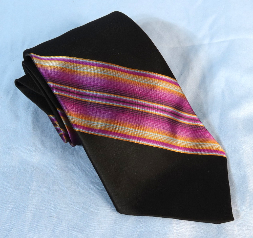 Vintage WEMLON WEMBLEY Men's Neck Tie BLACK/PURPLE/MULTI Diagonal Stripes SATIN