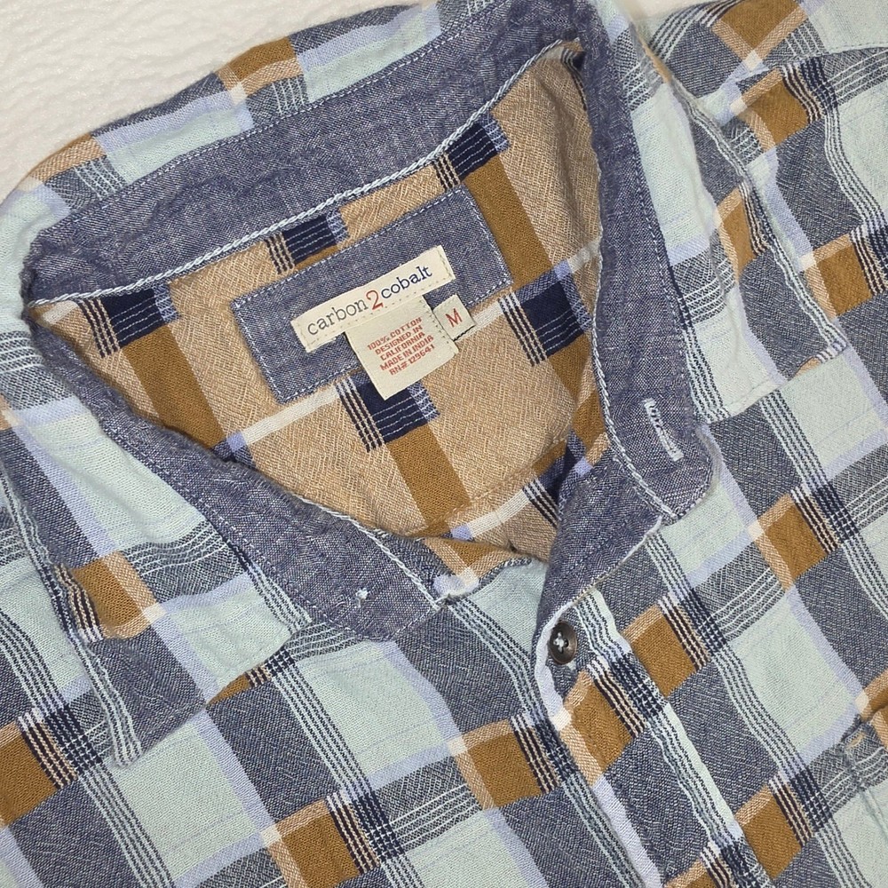 Carbon 2 Cobalt Mens Plaid Short Sleeve Button Down Shirt Blue Tan Cotton M