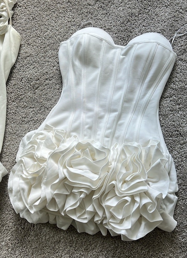 White Strapless Sweetheart Corset Satin Mini Dress Ruffle Skirt Size S