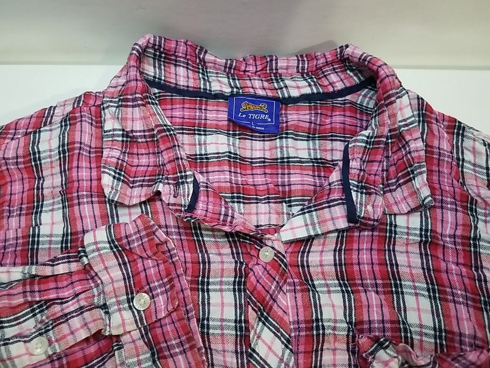 Le Tigre Shirt Womens Large Plaid Flannel Long Sleeve Button Up Distressed