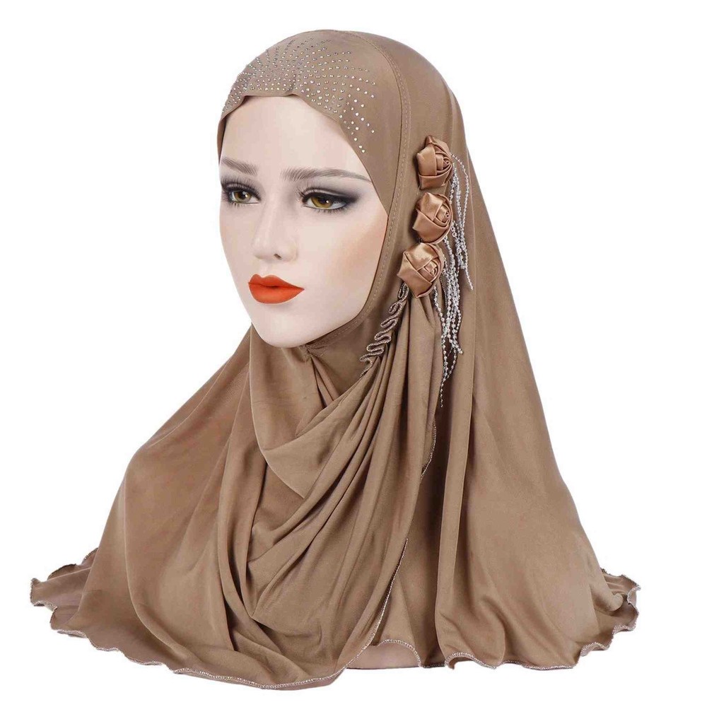 Rhinestone Flower Muslim Hijab Scarf Full Cover Turban for Women