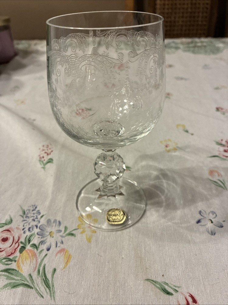 Vintage Bohemia Crystal Crystalex Queen's Lace Wine Glasses Clear Etched