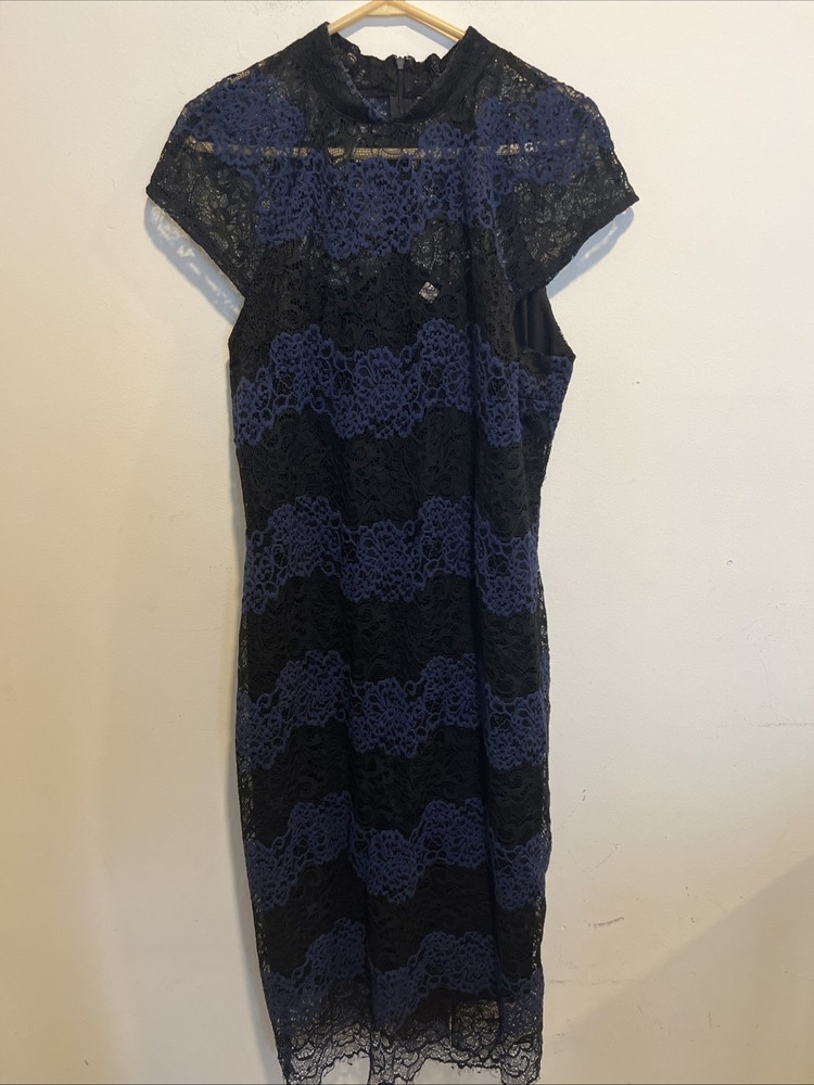Eva Mendes NYC Body Con Black Blue Striped Lace Lined Dress Size 16