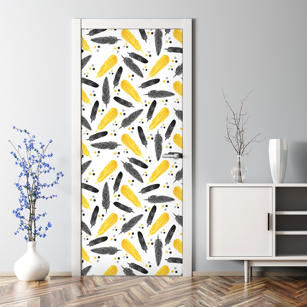 Black Gold Feather Pattern Self-Adhesive Door Decal Peel and Stick Wall Mural