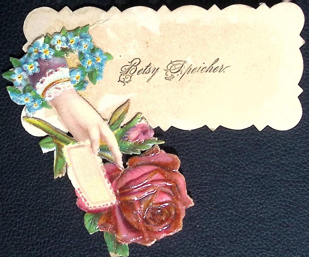 Antique Victorian Die Cut Calling Card Rose Forget Me Not Hand Scrap Card