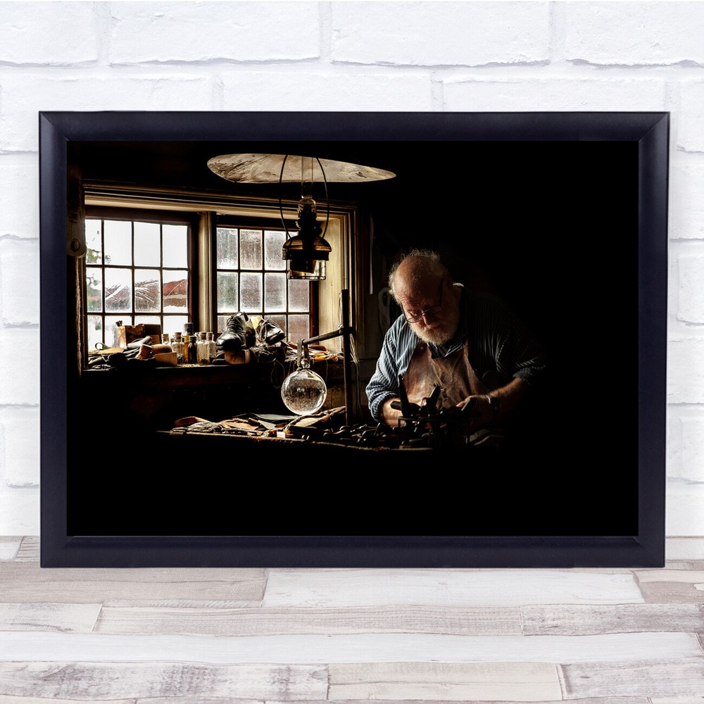 Shoemaker old man working shop Wall Art Print