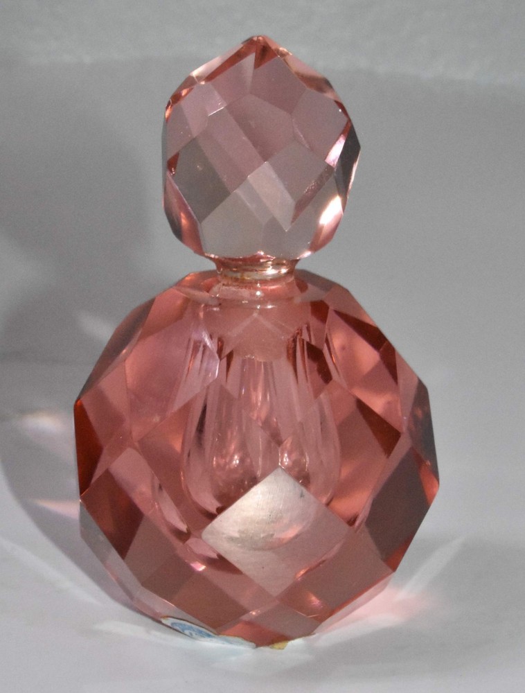 Vtg IRice Pink Rose Hand Cut Faceted Crystal Perfume Bottle Glass Japan I W Rice