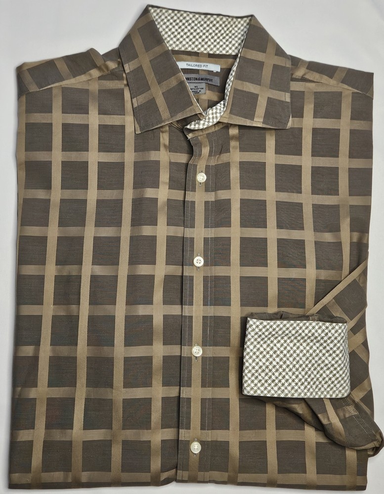 Mens Johnston & Murphy Long Sleeve Brown Block Plaid Button Up Shirt Size XL