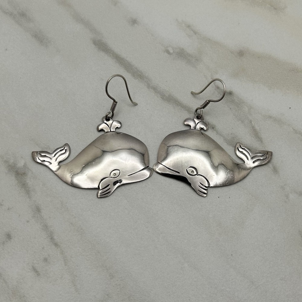 Vintage Taxco Mexico Sterling Silver Whimsical Whale Earrings