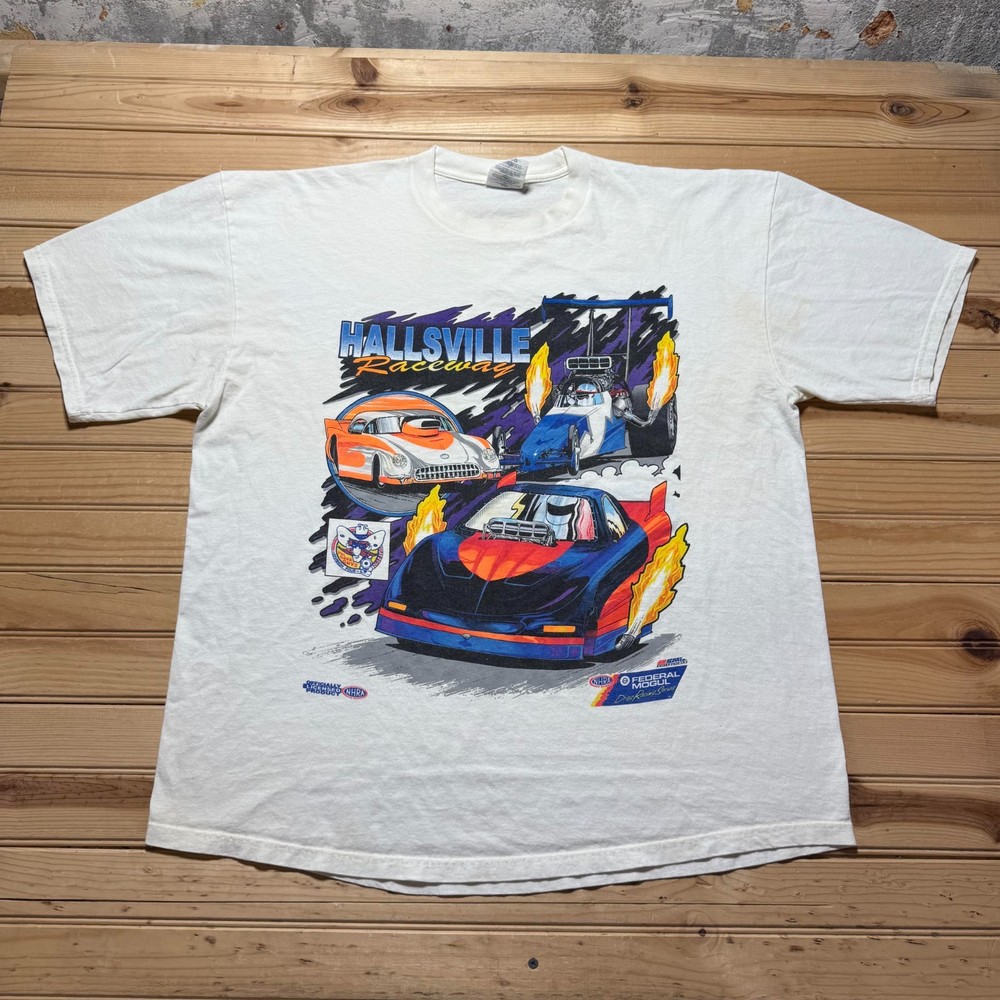 Vintage 90s Hallsville Raceway Drag Racing Series NHRA Cars T-Shirt - Size XL