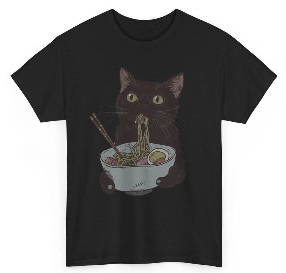 Cat Eating Ramen Funny T-shirt - Humorous Kawaii Japanese Noodles Graphic Tee