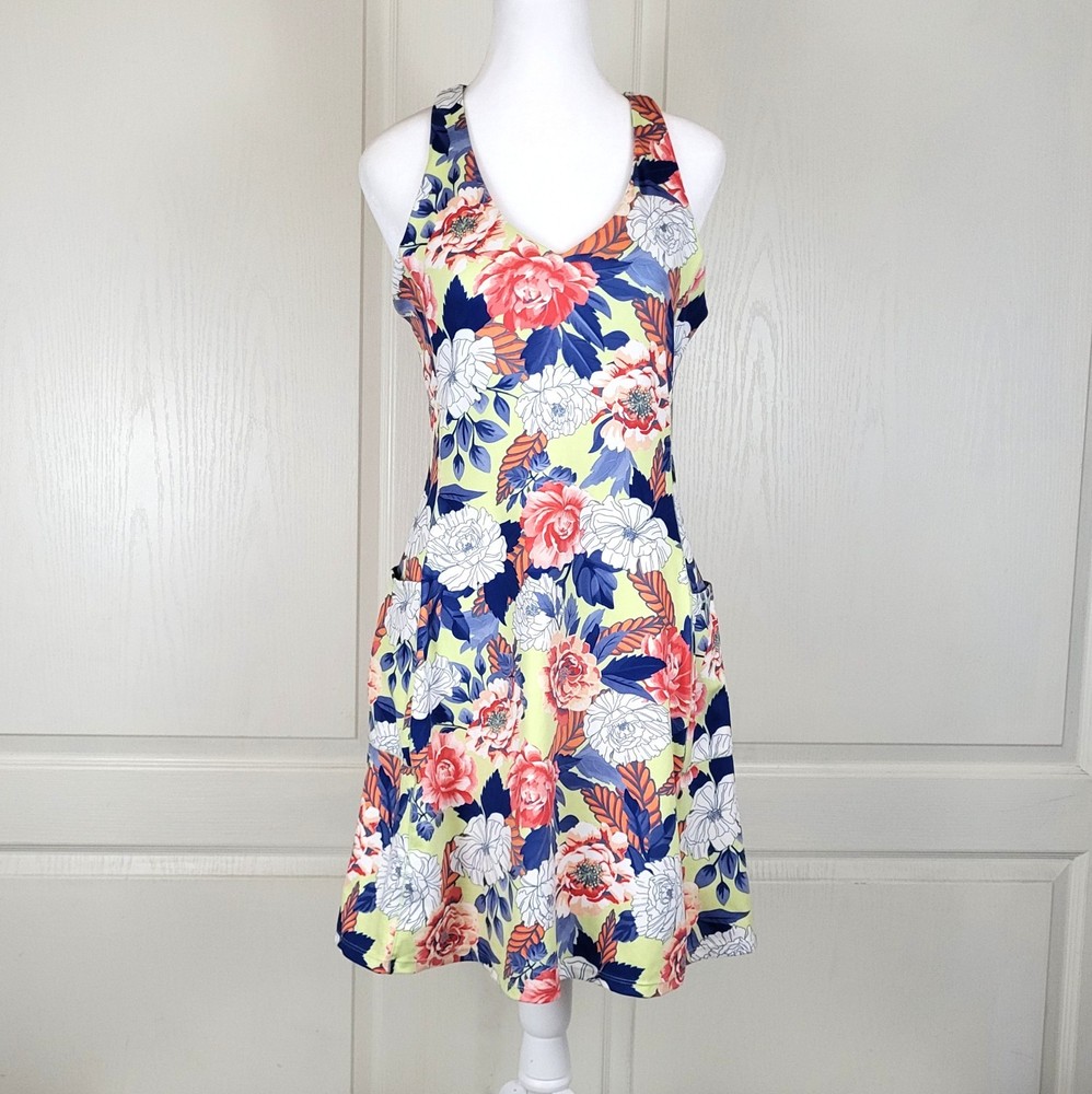 Marika Active Dress Racerback V Neck Medium Short Floral Evelyn Golf Tennis
