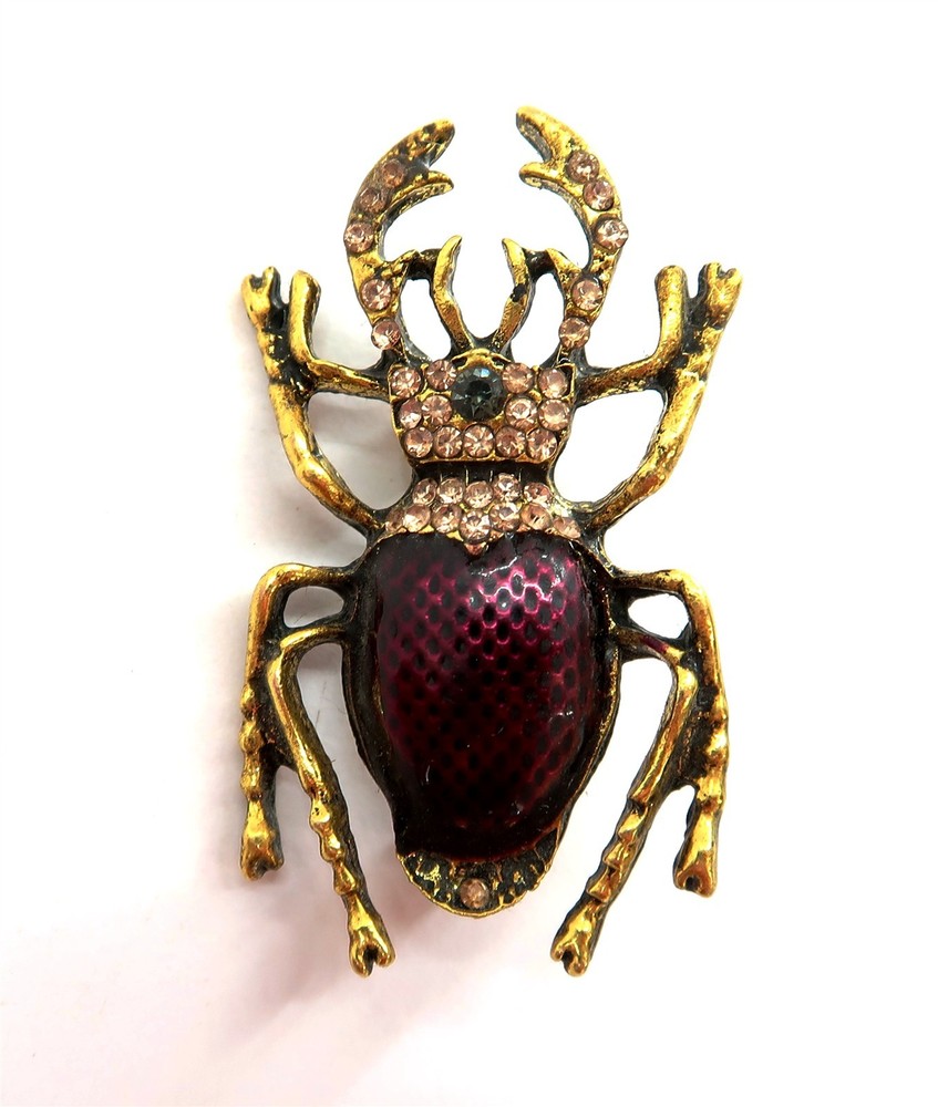 Vintage JEWELED & ENAMEL BEETLE BROOCH PIN 1 3/4