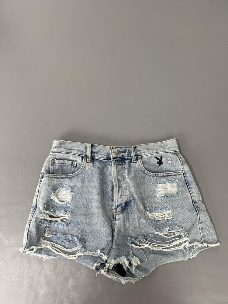 Playboy Pacsun High Rise Denim Jean Shorts Size 27 Distressed Embroidered Blue