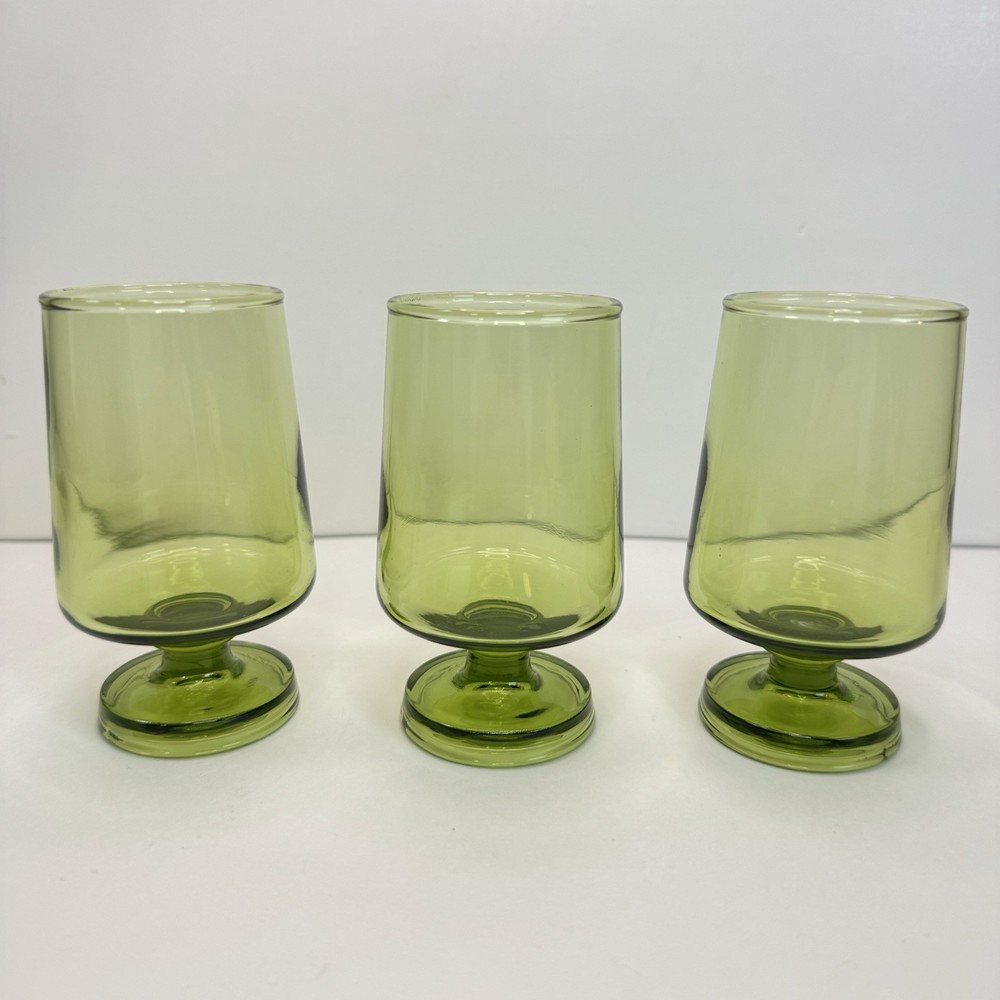 Vintage Olive Green Goblets, 3 Low Stemmed Glasses mcm Retro EUC
