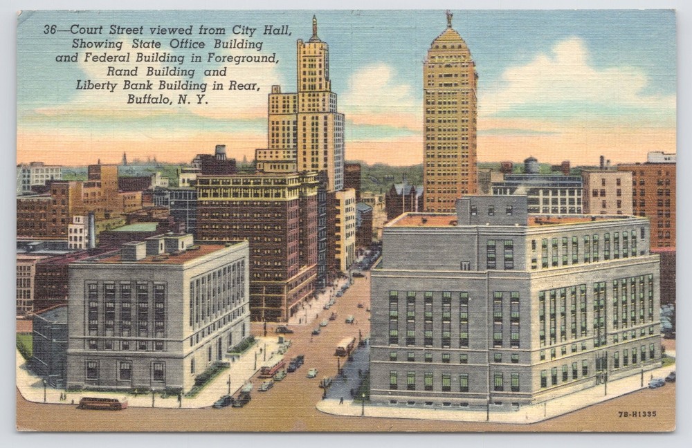 Buffalo New York~Court Street @ City Hall~Federal-Rand-Bank Bldgs~Linen Postcard
