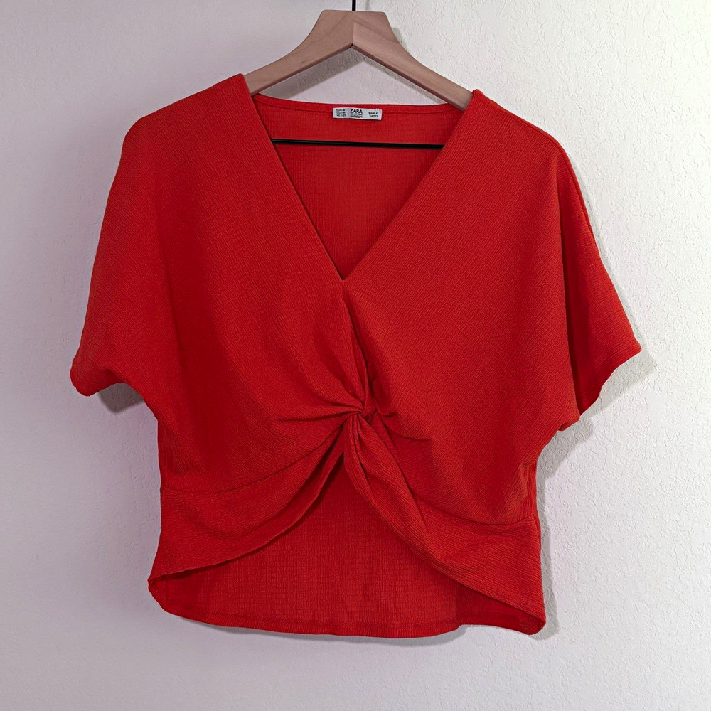 Zara Twist Front Textured Crinkle Knit Top Medium Red V Neck Dolman Crop Boho