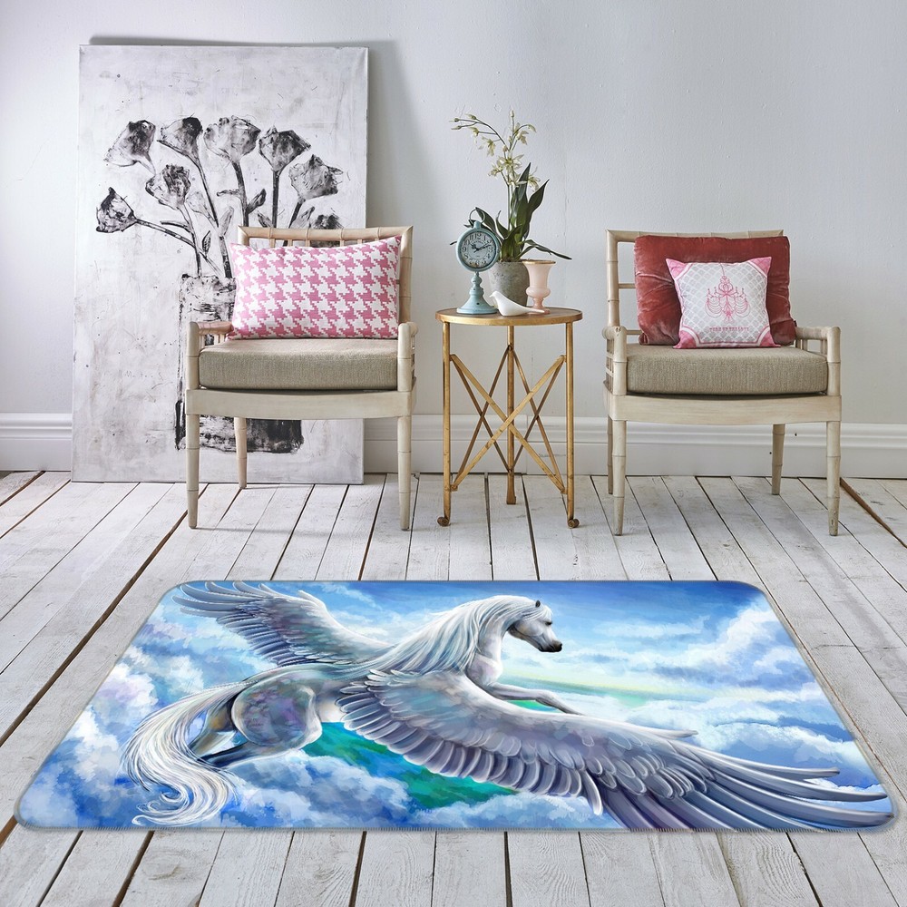 3D White Wings Horse Non-Slip Rug Elegant Photo Carpet for Home Decor