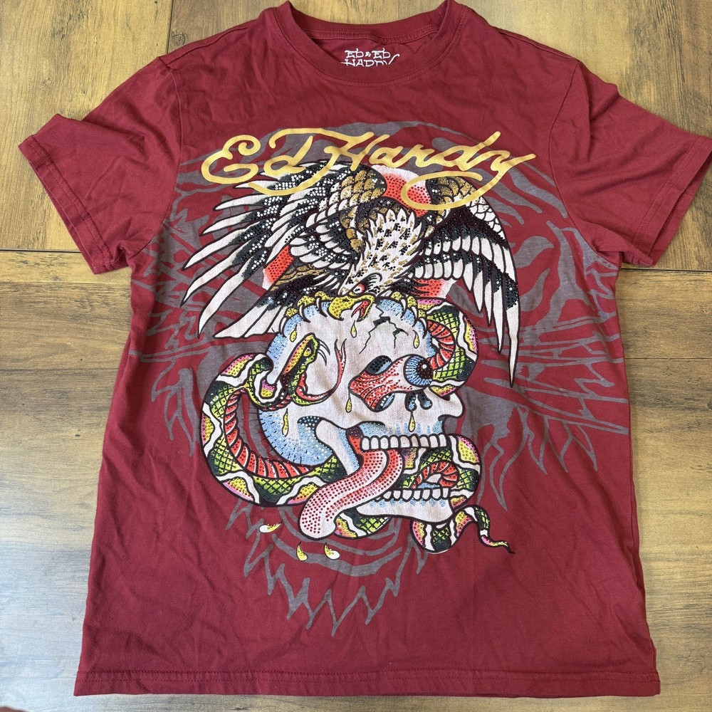 Y2K Ed Hardy Skull Graphic T-Shirt w Rhinestones Red Size Small