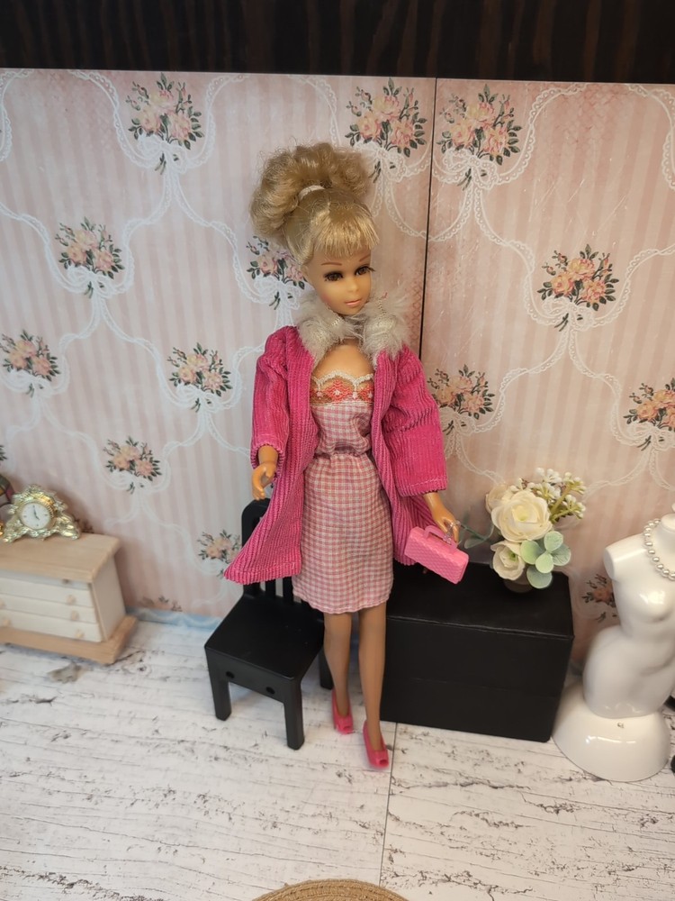Vintage Barbie / Francie Clone Outfit - Dress, Coat w/Fur Collar, Pumps, Purse +