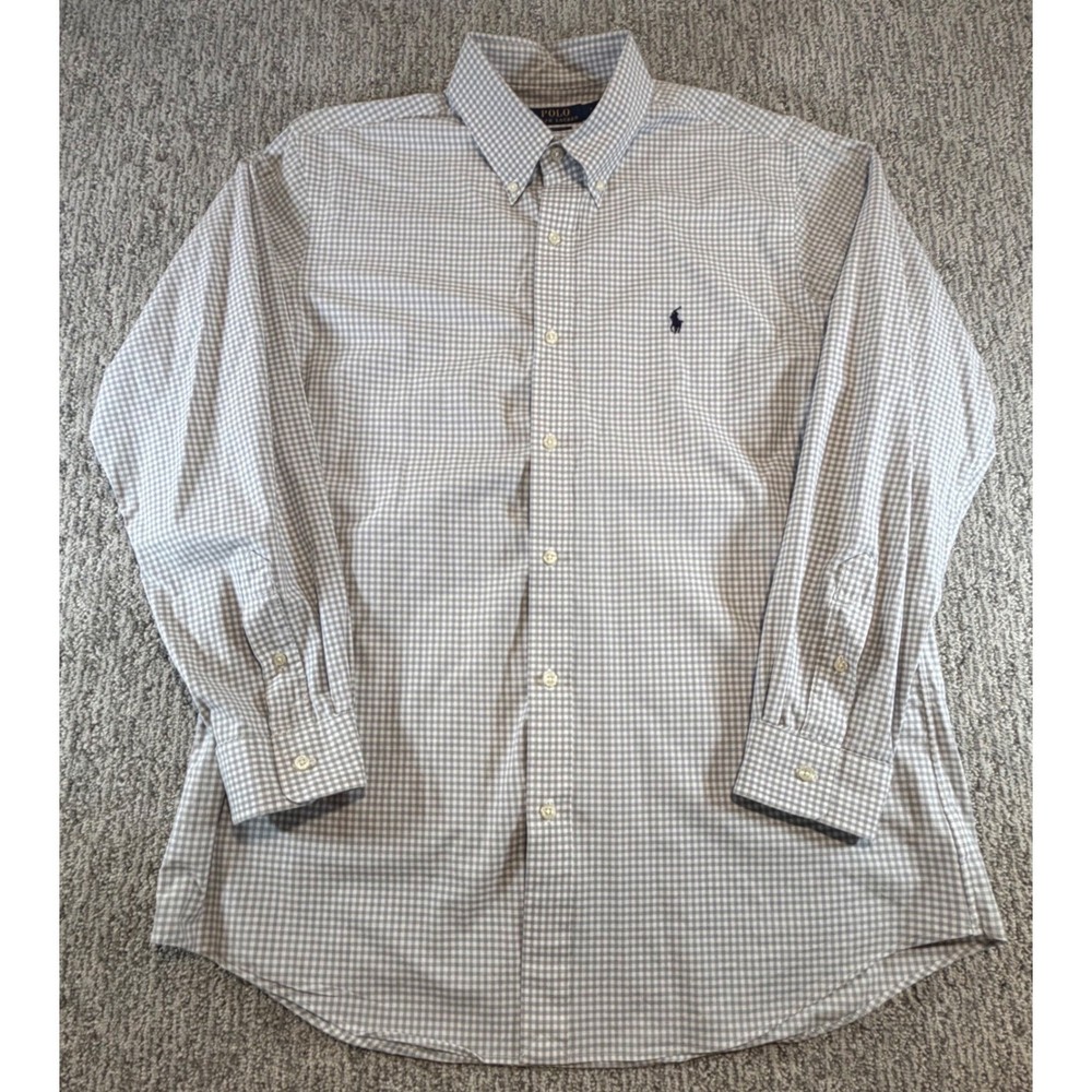 Polo Ralph Lauren Button Down Shirt Mens L Grey Gingham Classic Fit Long Sleeve