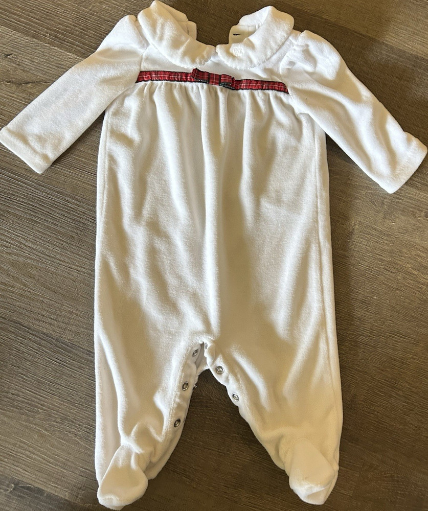 Vintage Ralph Lauren Baby Velour Footed One-Piece Sleeper 3M White Plaid Bow