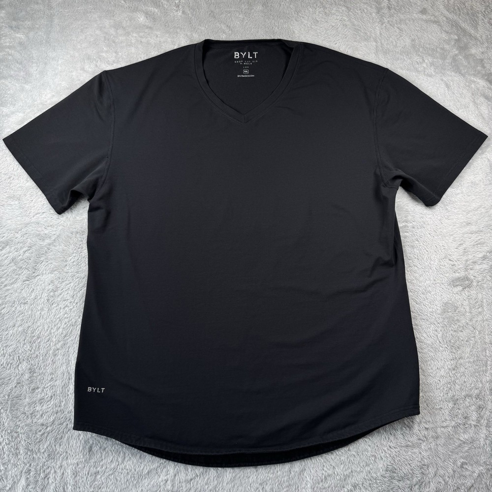 BYLT Basics Drop Cut Shirt Mens XXL Black LUX V Neck Short Sleeve Stretch