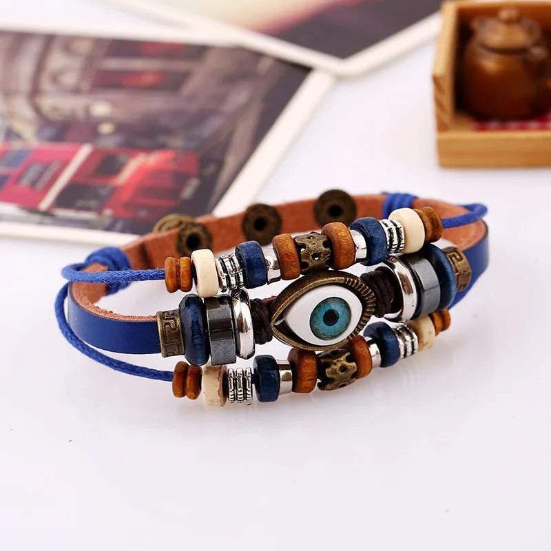 Vintage Handmade Tribal Leather Bracelet Lucky Bead Blue Evil Eye Bangle Healing