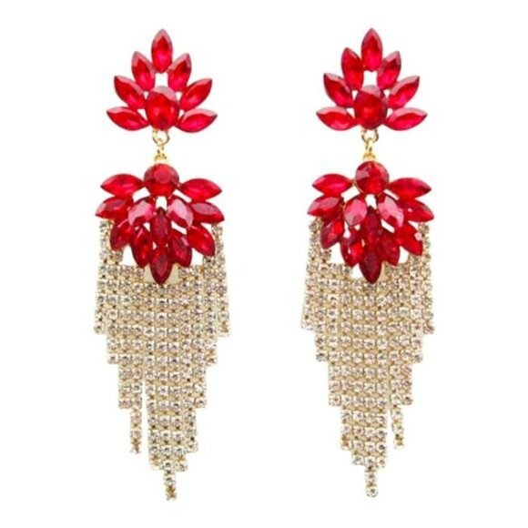 Red Rhinestone Chandelier Christmas Earrings with Long Tassel Dangle