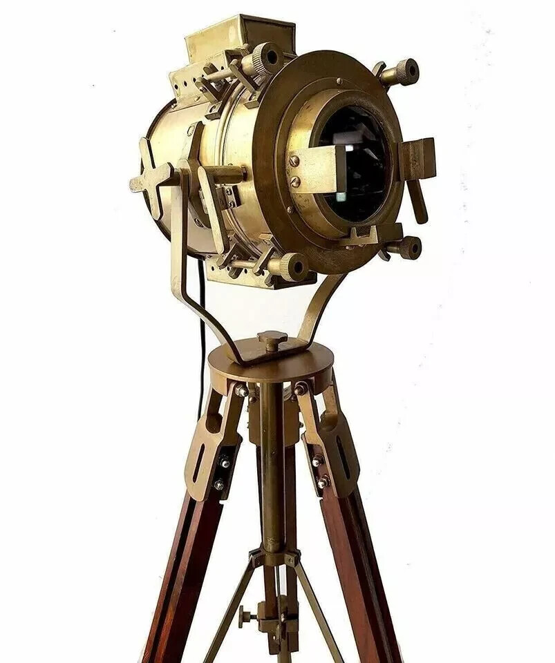 Antique Brass Industrial Searchlight Tripod Floor Lamp Nautical Decor Spotlight