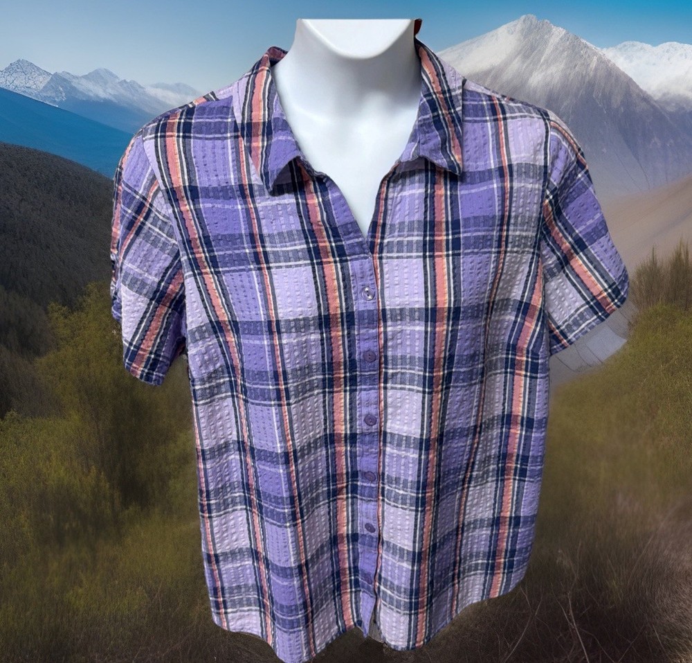 Erika Purple Pink Blue Plaid Button Blouse Top SS Crinkle Cotton Classic Sz 1X
