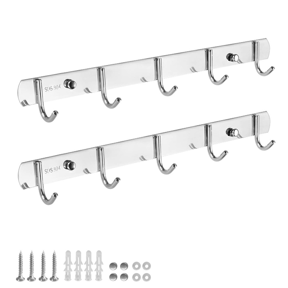 2 Pack Thickened 304 Stainless Steel Coat Rack Wall Mount - 5-Hooks Wall Moun...