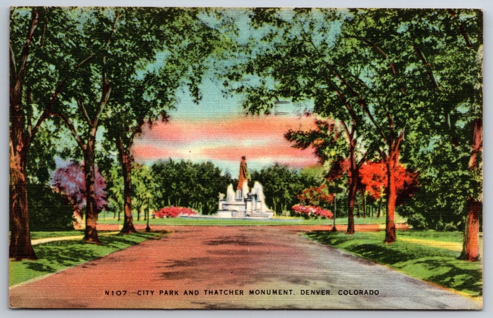 Denver Colorado~City Park & Thatcher Monument~Vintage Linen Postcard