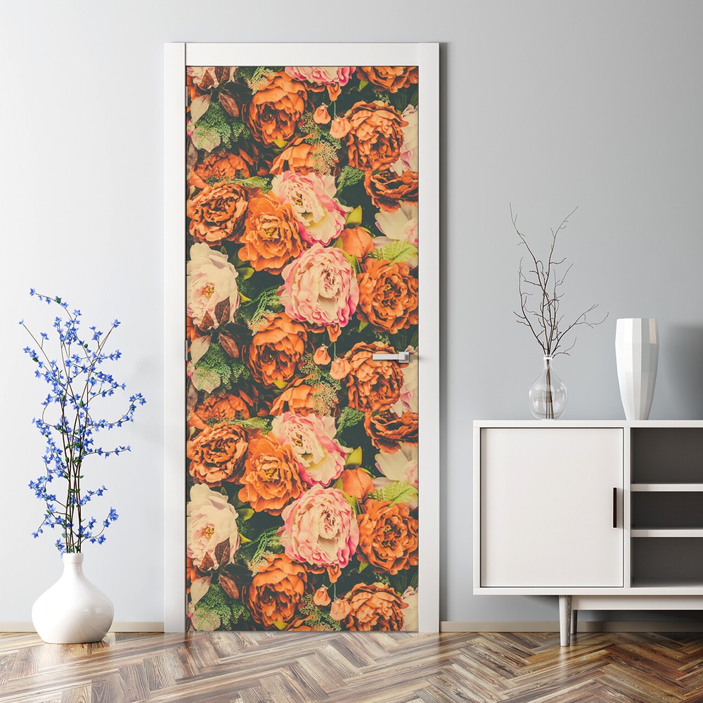 Floral garden Bubble Free Door sticker pastel orange Home Decor