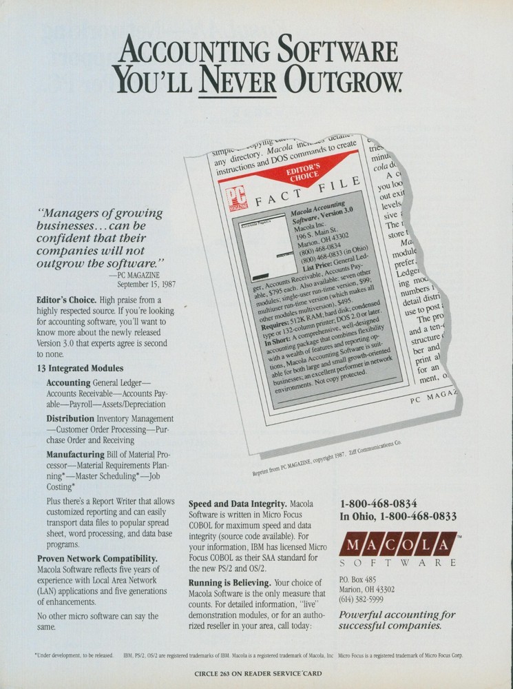 1987 Macola Accounting Software You Will Never Outgrow Success Powerful Ad PC2