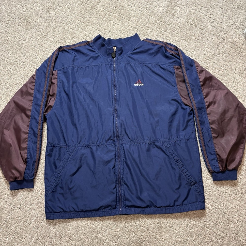 Adidas Mens Windbreaker Vintage Retro Jacket Size XL Blue Burgundy Full-Zip 90s