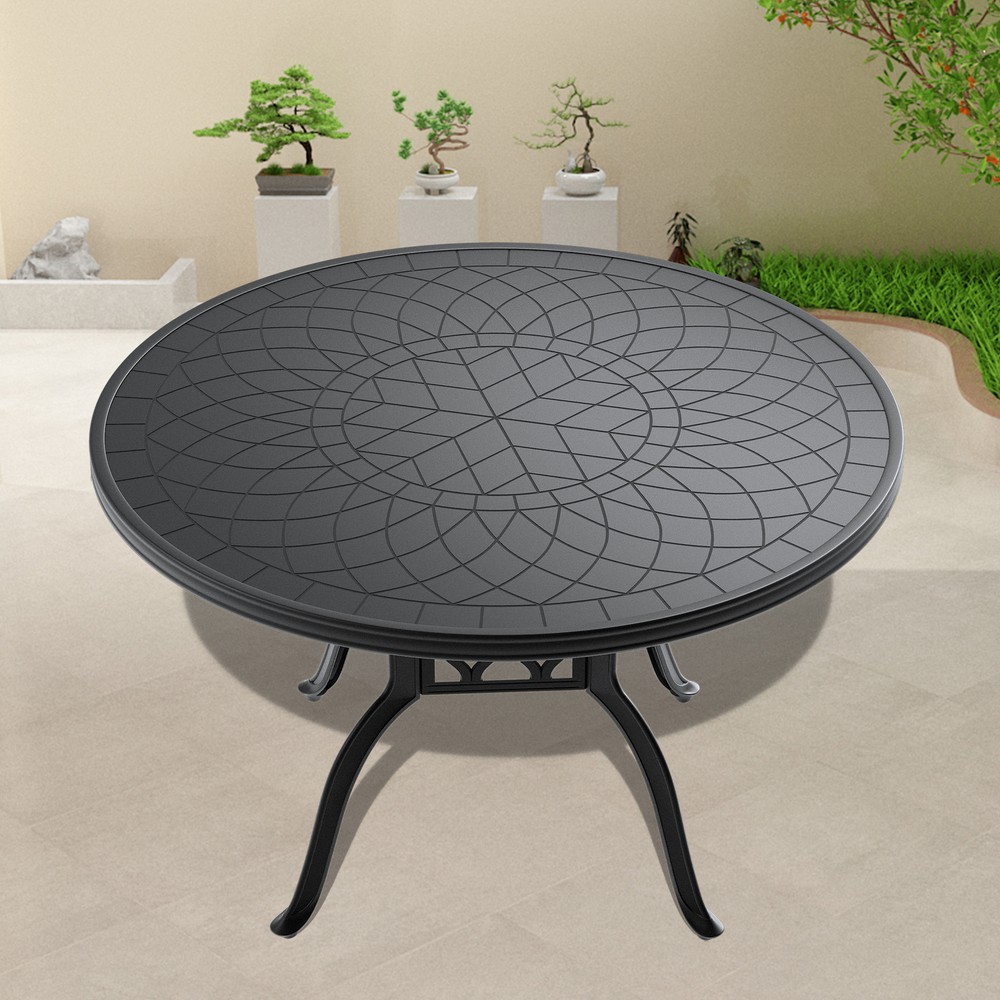 47-inch Round Cast Aluminum Patio Dining Table with Black Frame and Carved Texture