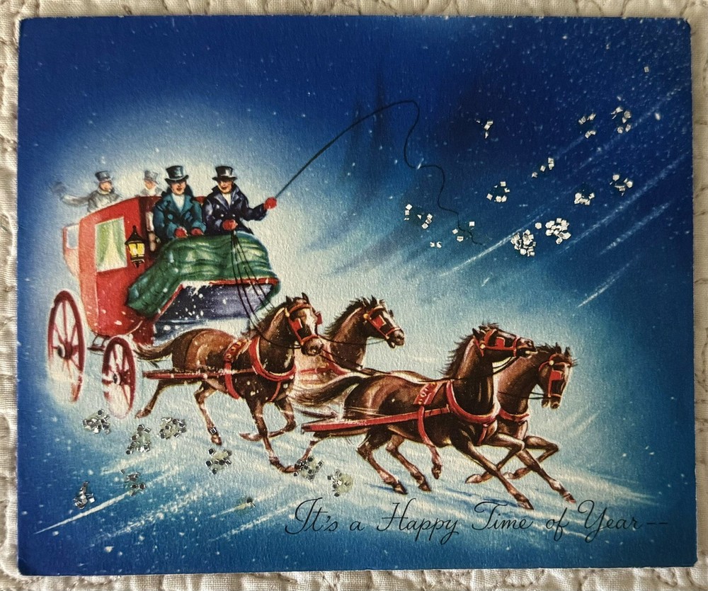 Vintage Christmas Stage Coach Horses Glitter Victorian Greeting Card 1940s 1950s