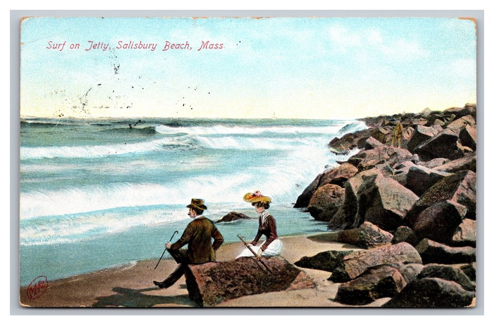 Salisbury Beach MA Massachusetts Surf on Jetty Divided Back Postcard Posted 1911