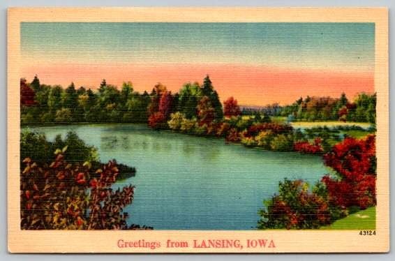 Lansing Iowa Greetings From Lake on Automn Day Postcard